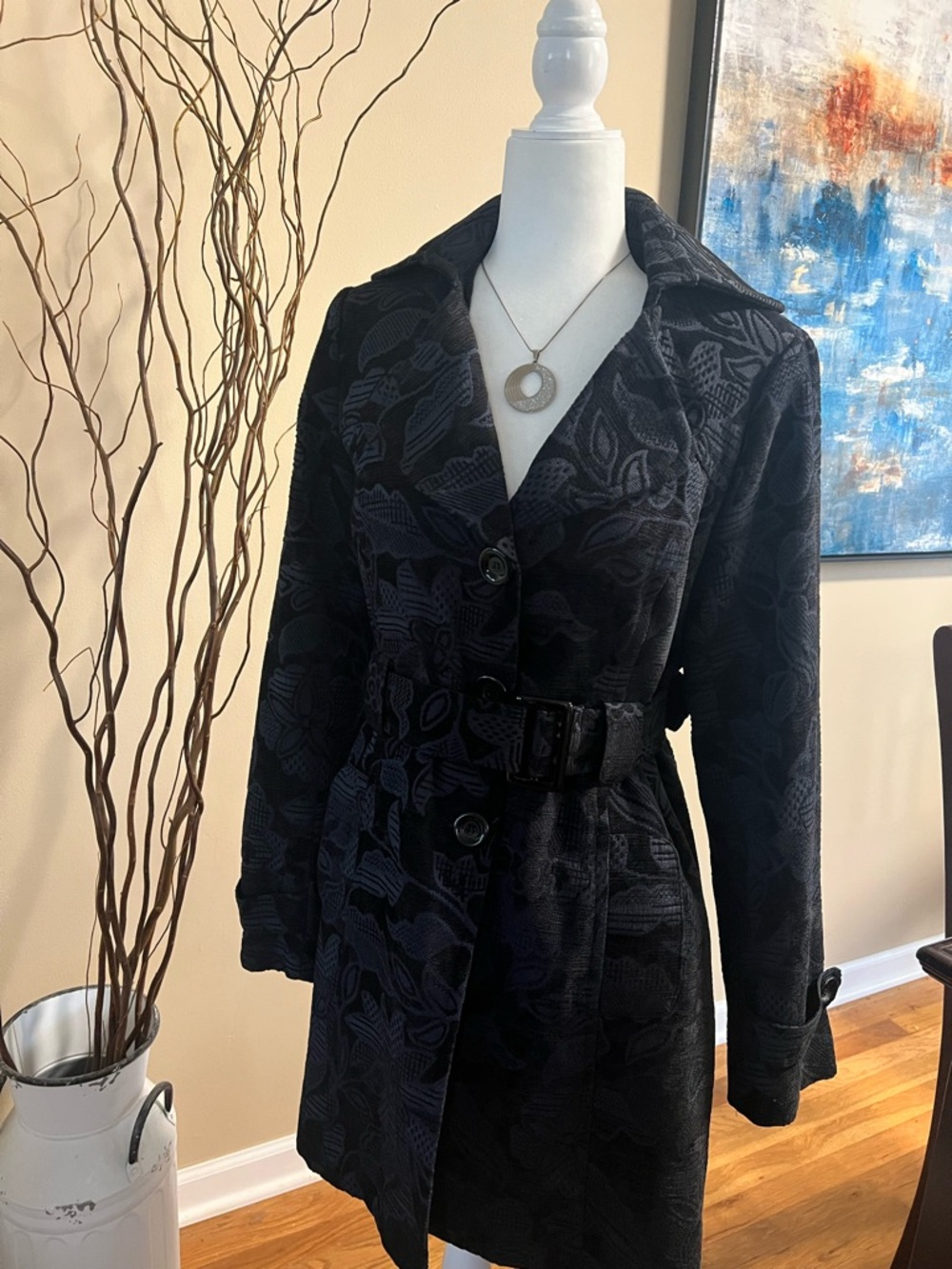 Dark blue  Patterned Trench Coat with Belt